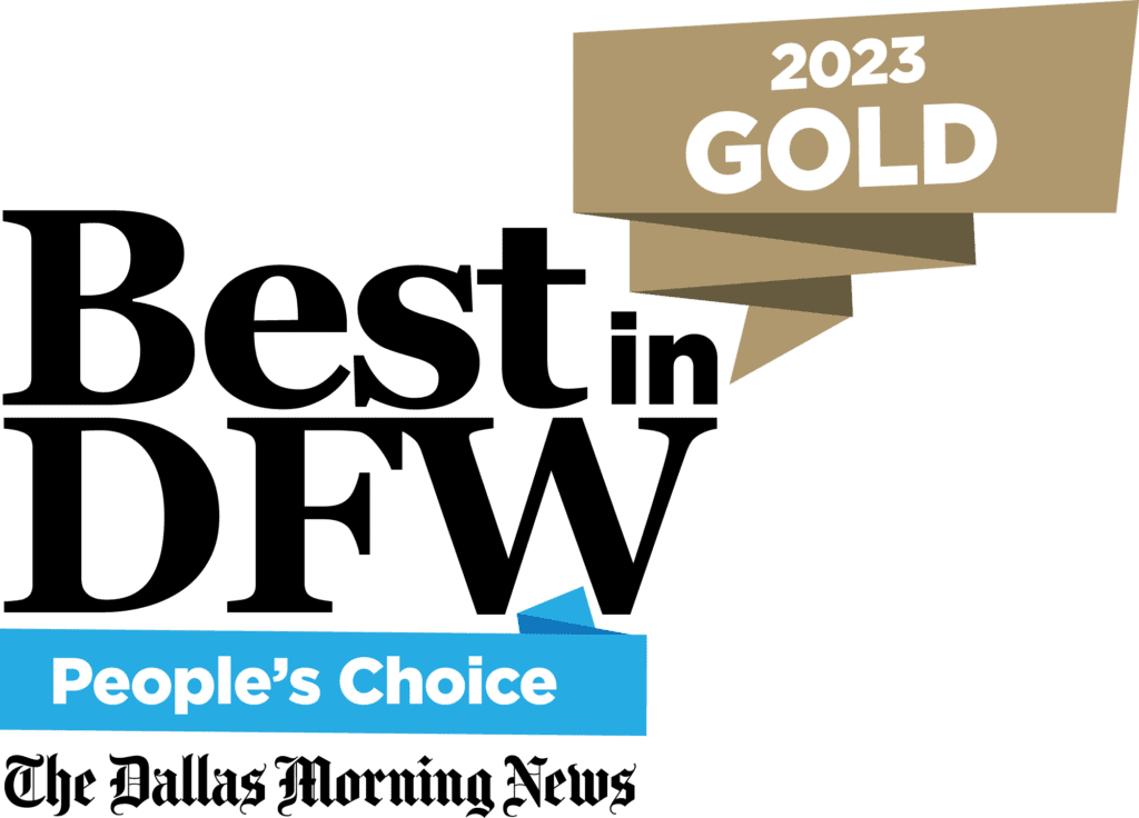 2023 Gold Best in DFW (Dallas-Fort Worth) People's Choice award badge, featuring a stylized ribbon design with the text 'Best in DFW' prominently displayed in large, dark letters and 'People’s Choice' in smaller size beneath it. The award is presented by The Dallas Morning News, as indicated by the newspaper's logo at the bottom.